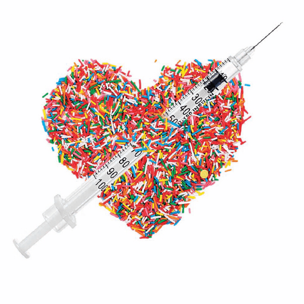 Botox syringe and heart candy